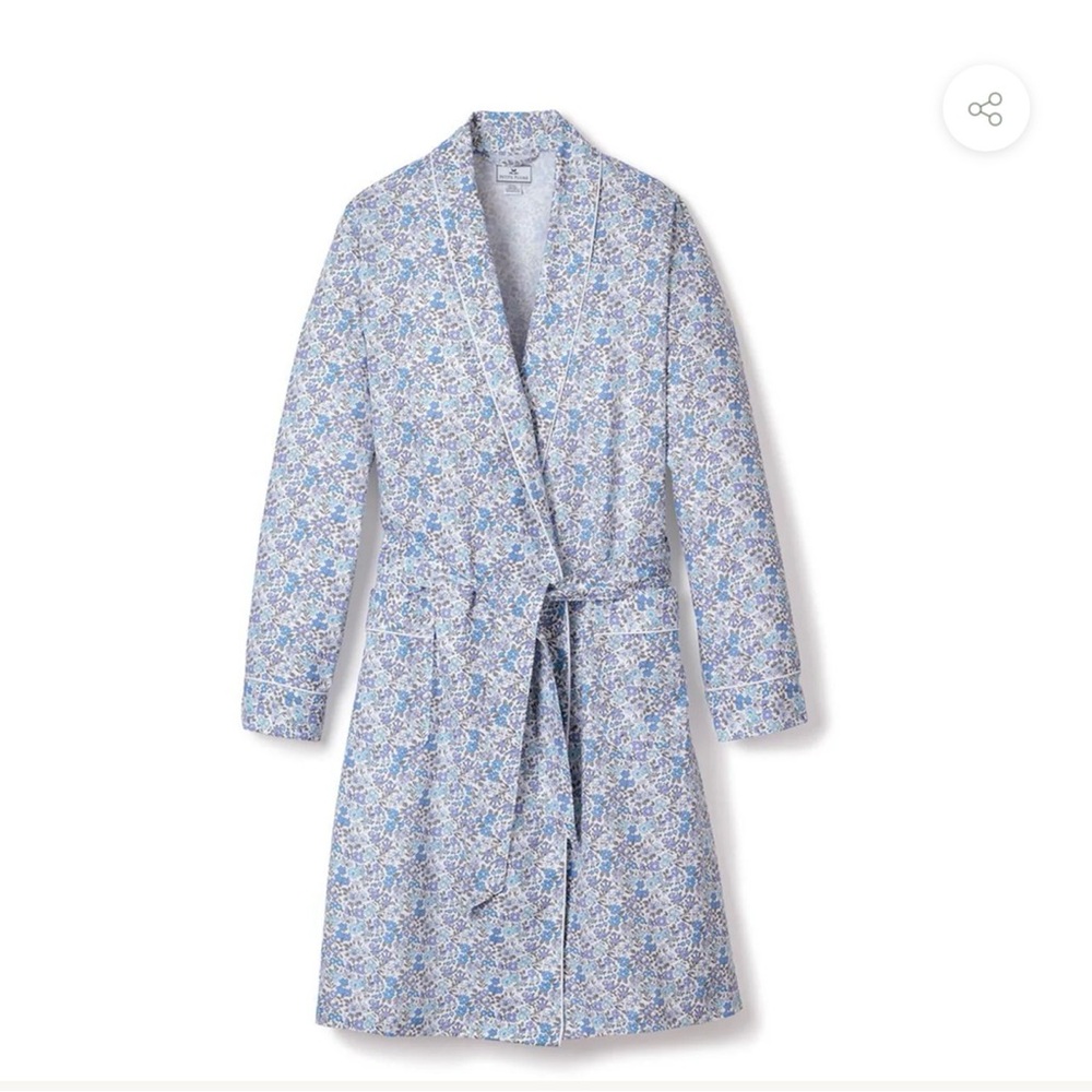 Petite Plume Women's Fleur D'Azur Robe, Sz. L, Blue Mille Fleur Print, EUC!